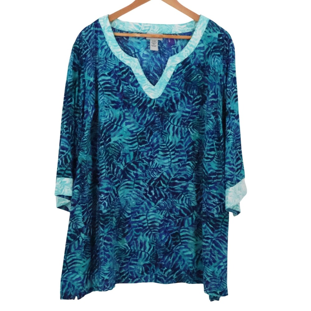Catherines Tropical Palm Tunic Top Womens Size 3XWP Vacation Resort Blue‎ V-Neck